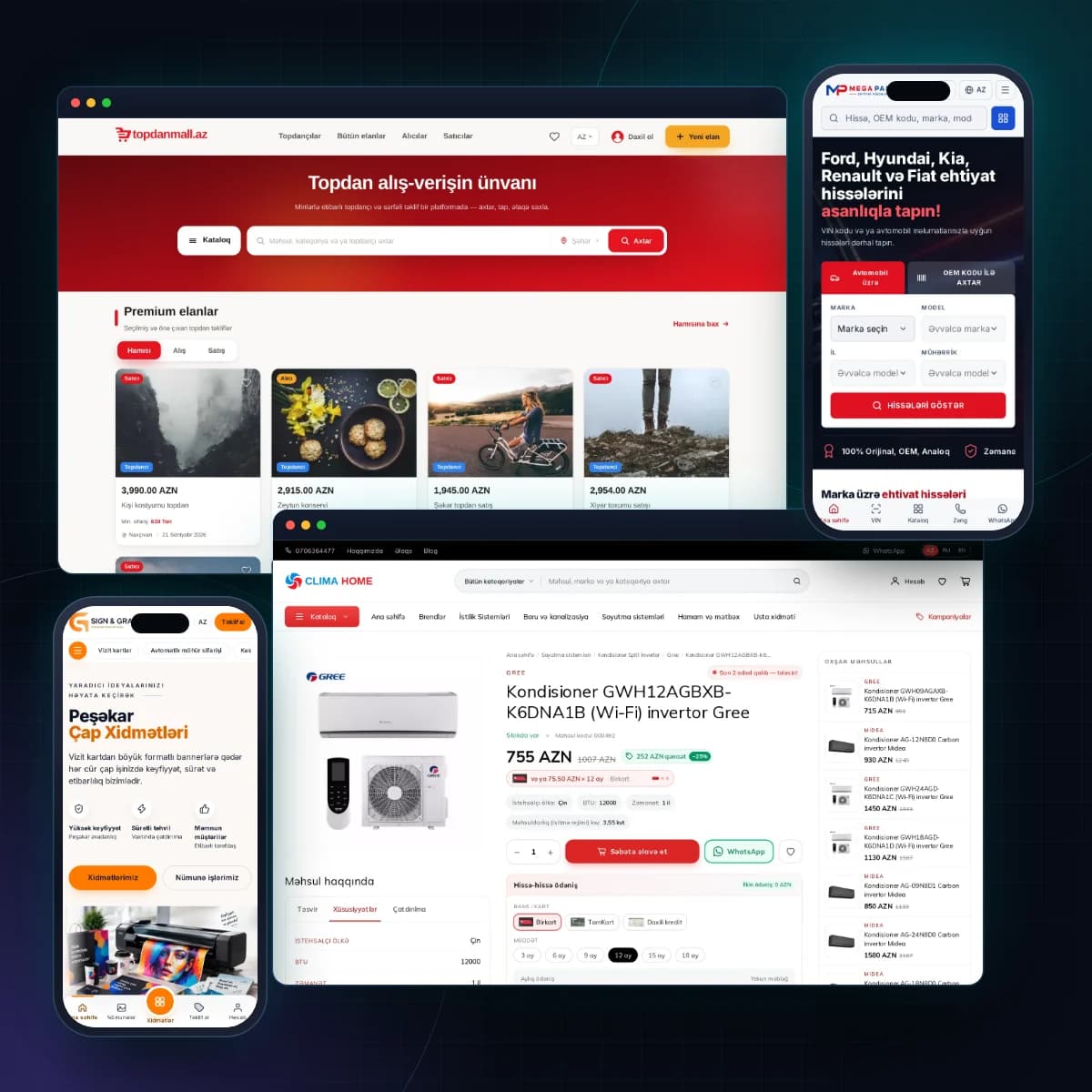 Von H2 Solutions gebaute Websites: TopdanMall, Climahome, MegaParts und Sign & Graphics auf Desktop und Mobil