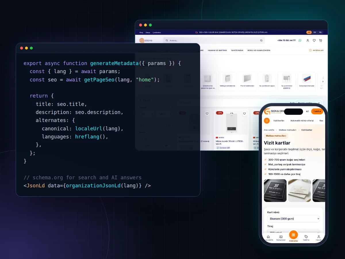 Next.js-Metadaten- und Structured-Data-Code neben den von H2 Solutions gebauten Websites Alzone und Sign & Graphics